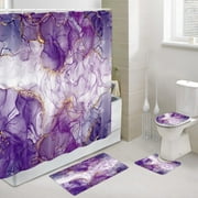 Purple Gold Marble Texture Bathroom Shower Curtain Set with Toilet Lid Cover and Non-Slip Rugs, Abstract Modern 4 Pcs Shower Curtain Set Restroom Decor Accessories with Hooks,72X72in