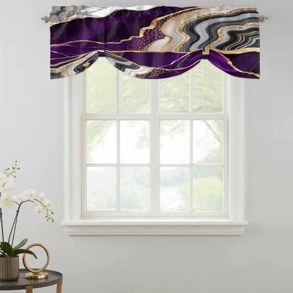 Purple Gold Marble Tie Up Valances Curtain, Glitter Geometric Marble Foil Texture Adjustable Valance for Window Light Filtering for Kitchen and Bathroom Rod Pocket 1 Panel 42x12in