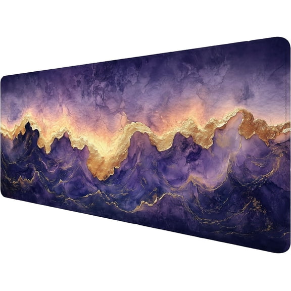Purple Gold Ocean Wave Desk Mat Gaming Mouse Pad 31.5 x 11.8 Inch Fantasy Watercolor Dreamy Mousepad Extended Large Laptop Keyboard Non-Slip Rubber Base with Stitched Edges for Home