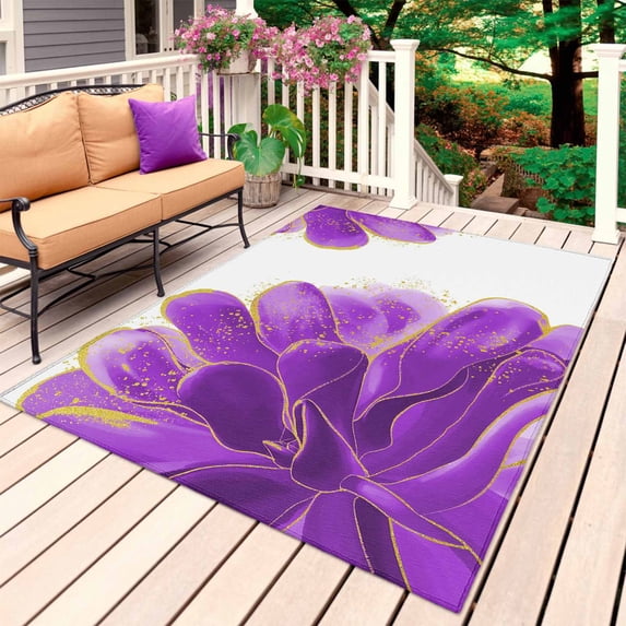 Purple Gold Outdoor Rug 6x9 Ft, Non Slip Washable Area Rug, Abstract Flower Ombre Aesthetics Paint Patio Rugs Carpet Runner, Large Floor Mat for Indoor/Outdoor Deck Porch Camping