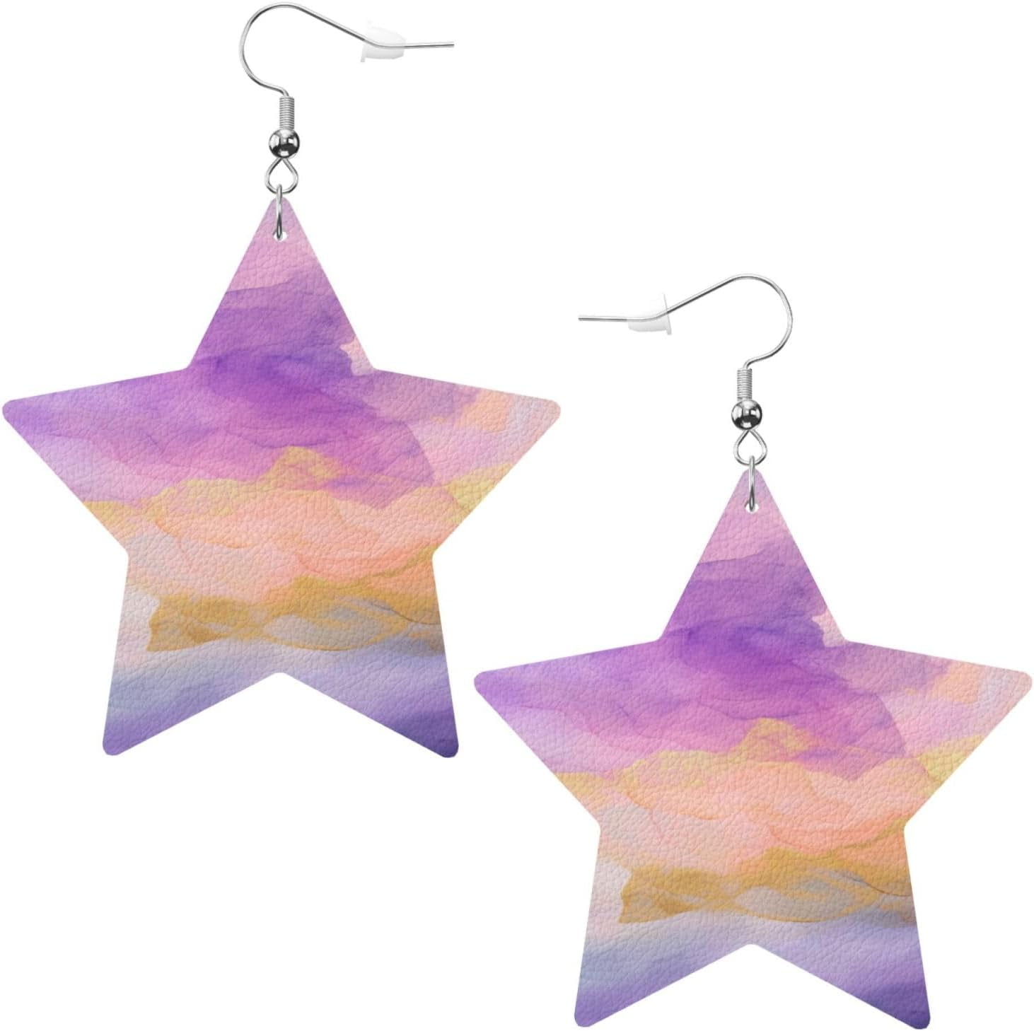 Purple Gold Paint Earrings designed for Women PU Leather Dangle Earrings, lightweight comfortable Star Shape Leather Teardrop Dangly Ear Pendants Jewelry Gift[h001]
