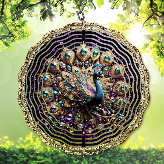 Purple Gold Peacock Wind Spinner 10 Inch, Elegant Bird Garden Decor
