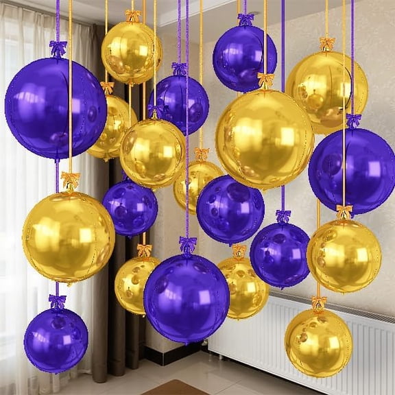 Purple Gold Round Foil Balloons, 16PCS Different Sizes 4D Metallic Balloon Large Sphere Mirror Ball Balloons for Prom Graduation New Year Festival Birthday Party Ceiling Decorations Supplies