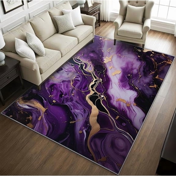 Purple and Gold Rugs for Living Room -Marble Rug, Modern Luxury Marble Washable Rugs for Living Room, Abstract Agate Area Rug for Bedroom, Contemporary Home Decor & Gifts 2 x 3ft
