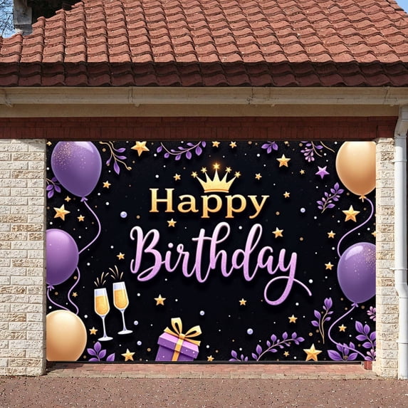 Purple Gold Theme Banner Royal Crown Design Birthday Display Colorful Balloons Golden Stars Party Backdrop for Birthday Party Indoor Party Photo Shoot