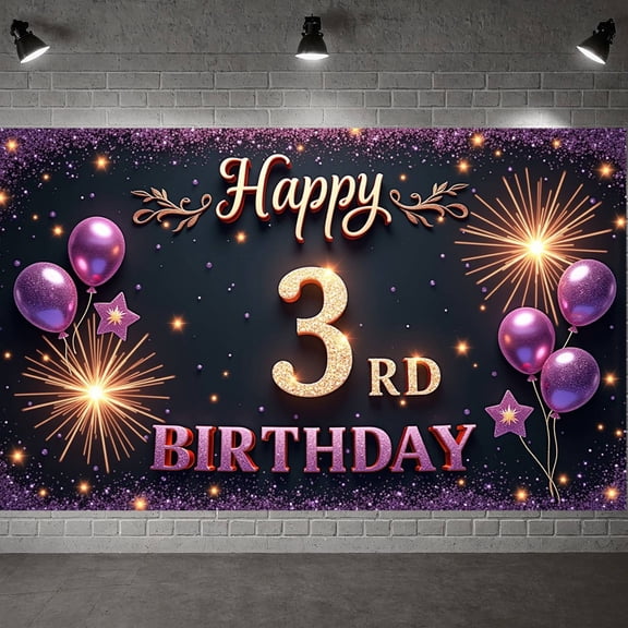 Purple Gold Theme Happy 3rd Birthday Banner Sparkle  3rd Birthday Display Firework Design Star Decor Birthday Backdrop for 3rd Birthday Party Kids Birthday Photo Shoot