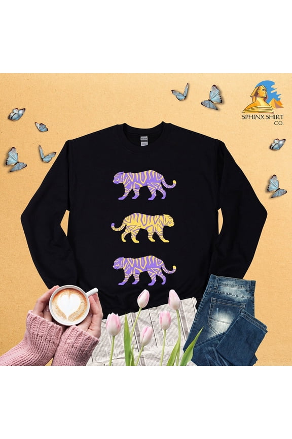 Purple and Gold Tigers Sweatshirt, Cute Louisiana Sweater, Mardi Gras Gift, Tiger Sweatshirt, Mardi Gras Party, New Orleans, Tigers Game Day TSHIRT All Size S-5XL