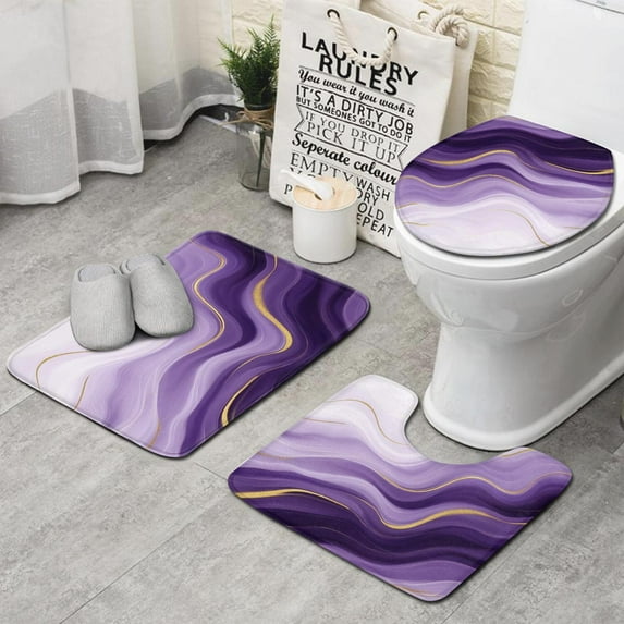 Purple Gold Wave Marble Bathroom Rugs Sets 3 Piece,Toilet Cover Set,Absorbent Non Slip Bathroom Mats Sets with U-Shaped Contour Rug Toilet Rug Set