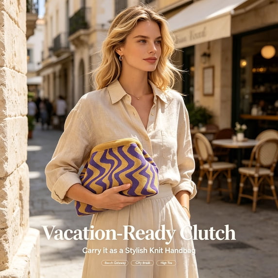 Purple Gold Wave Striped Soft Knit Makeup Pouch for Women, Snap Shut ...
