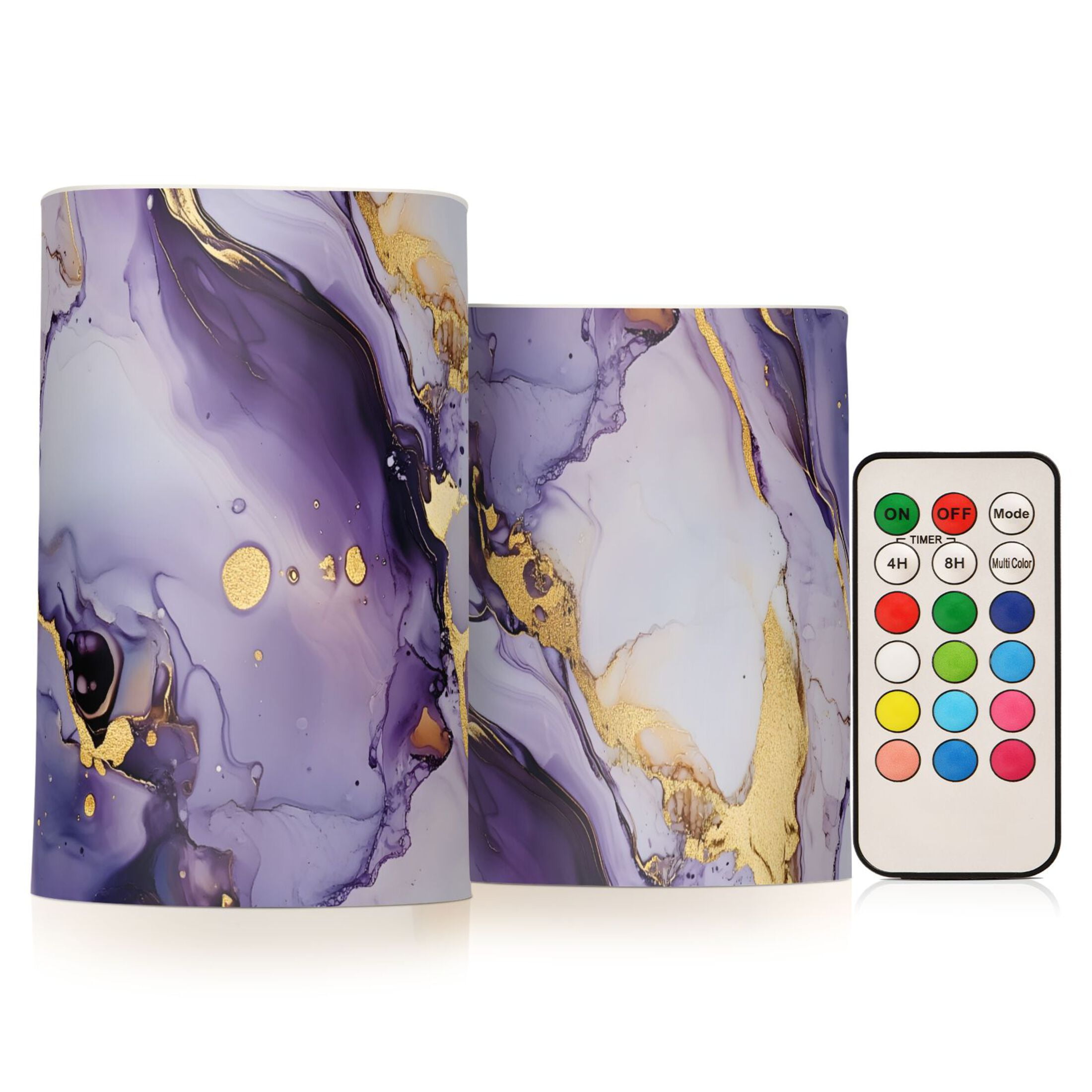 Purple Golden Marble Pattern Flickering Flameless Candles Battery Operated with Remote Timer LED Pillar Candles Set of 2