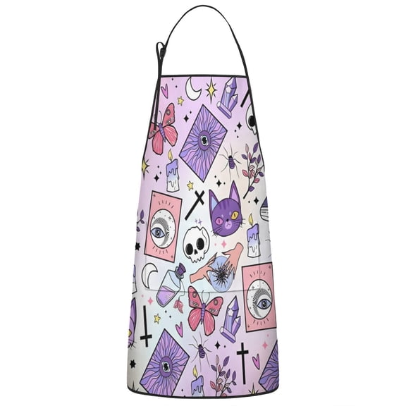 Purple Gothic Cat Crystal Pattern Apron-Garden Aprons for Women with Pockets-Cotton Linen Waterproof Kitchen Cooking Gardening Aprons Adjustable for Kitchen,Cooking,BBQ and Salon 33x27 Inch