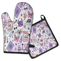 Purple Gothic Cat Crystal Pattern Kitchen Oven Mitt and Pot Holder Sets 2 Pcs for Baking, Cooking and Grilling, Heat Resistant Up To 392 °F