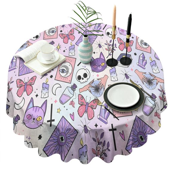Purple Gothic Cat Crystal Pattern Round Tablecloth 60"x60",Wrinkle Wipeable Table Cloth for Kitchen Dining Room Picnic Patio Party