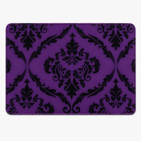 Purple Gothic Damask Bat Floor Mat – Dark Victorian Style Bathroom Rug, 2 Sizes