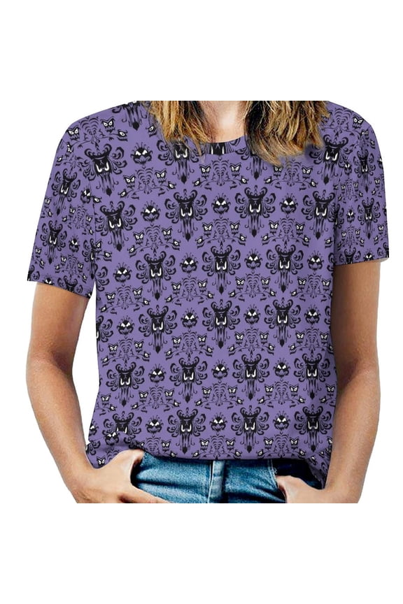 Purple Gothic Eyes Pattern Women's Short Sleeve T-Shirt Crew Neck Casual Summer Trendy Loose Fit Tops