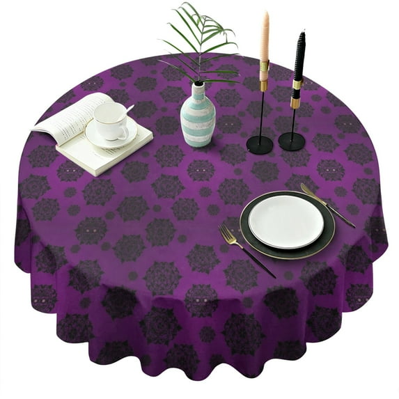 Purple Gothic Floral Pattern Round Tablecloth 60"x60",Wrinkle Wipeable Table Cloth for Kitchen Dining Room Picnic Patio Party