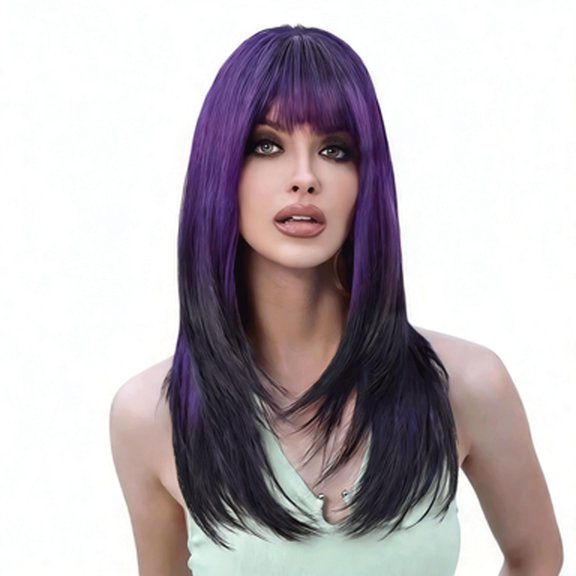 Purple Gradient Air Bangs, Long Straight Hair Wig With Layered Design, Suitable For Various Occasions