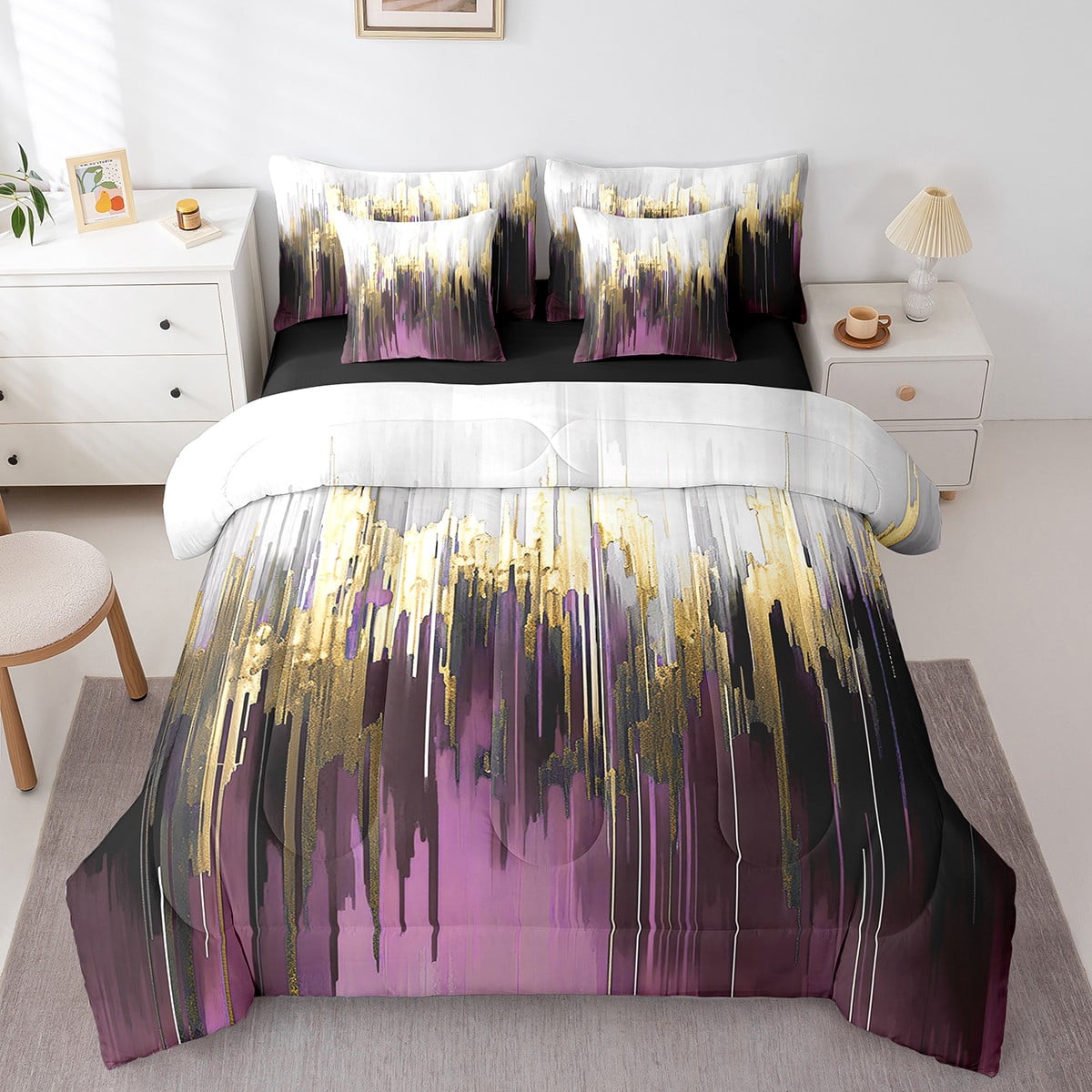 Purple Gradient Bedding Comforter Sets 7pcs Oil Painting Stripe Bed in