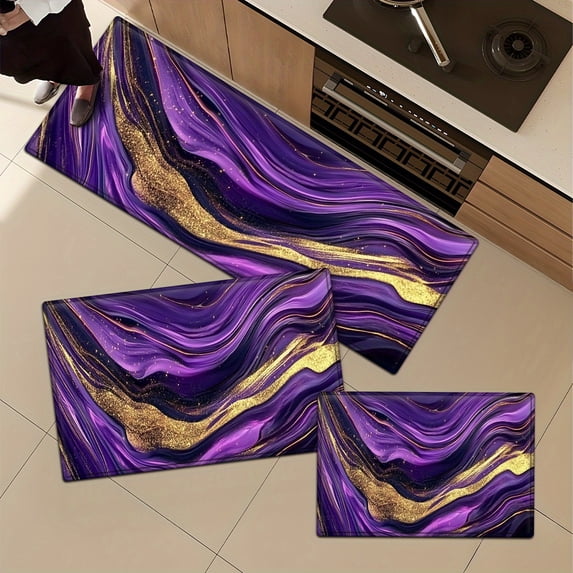 Purple Gradient Golden Embellishment Flowing Ripples Swirls Fluid Art Flannel Kitchen Rug Non Slip Washable Runner Mat Bathroom Living Room Doormat