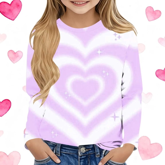 Purple Gradient Heart Print Girls Long Sleeve Shirt - Sparkly Soft Stretch Crewneck, Easy Care Casual Top for Girls 3-13 Years,Size 9 T