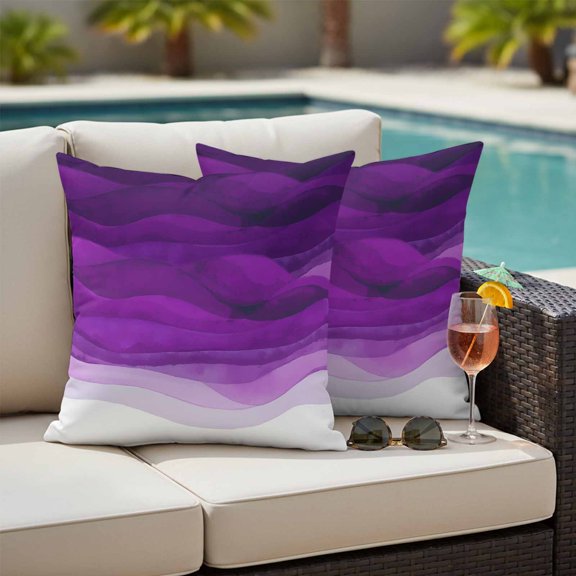 Purple Gradient Outdoor Throw Pillow Covers Set of 2, Abstract Ocean Wave Waterproof Pillow Covers Protectors with Hidden Zipper for Garden Couch Bench 16x16in