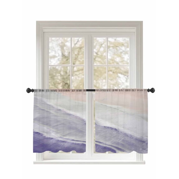 Purple Gradient Sheer Curtains 45 Inch Long 2 Panels, Sea Waves Sandy Beach Coastal Scenery Light Filtering Rod Pocket Semi Sheer Curtains, Sheer Voile Drapes for Living Room Bedroom, 52"x45"