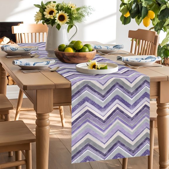 Purple Gradient Stripe Nordic Style Table Runner 72 Inch Long Zigzag Art Table Runners Linen Burlap Tablerunner for Kitchen Dining Room Holiday Party