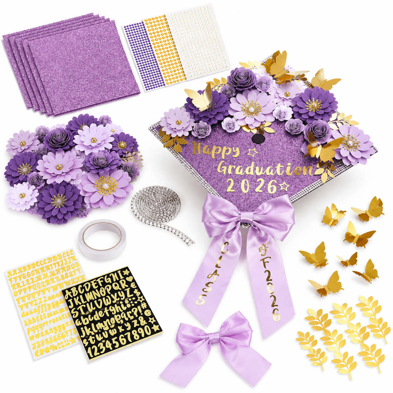 Grad Cap Kit Purple Graduation Cap DIY Decoration Kit with Paper Flowers ...