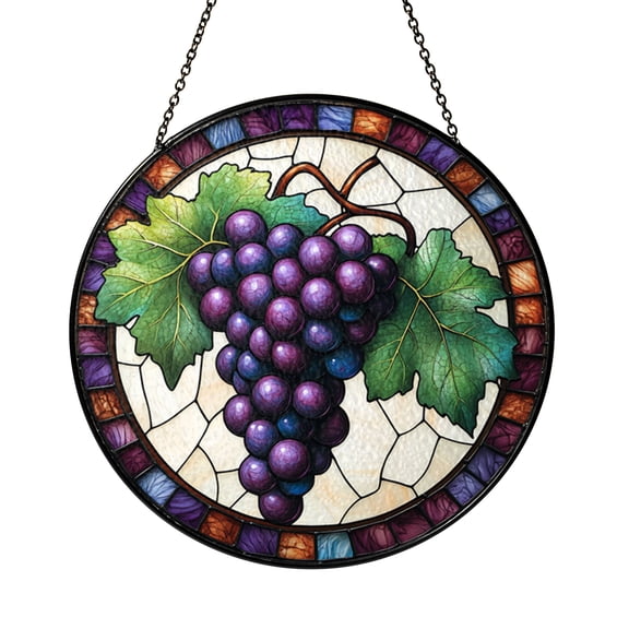 Purple Grape Cluster Stained Glass Style Suncatcher Window Hanging, Vineyard Inspired Kitchen Decor Panel for Rustic Home Accent