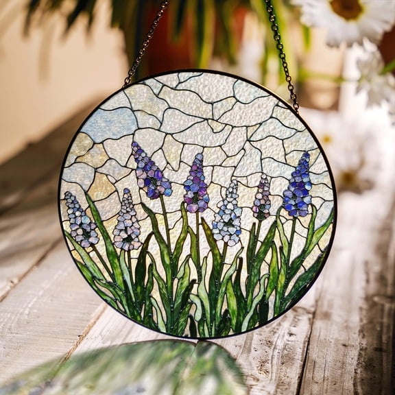 Purple Grape Hyacinth Glass Suncatcher, Floral Window Art, Spring Birthday, 7.9 in