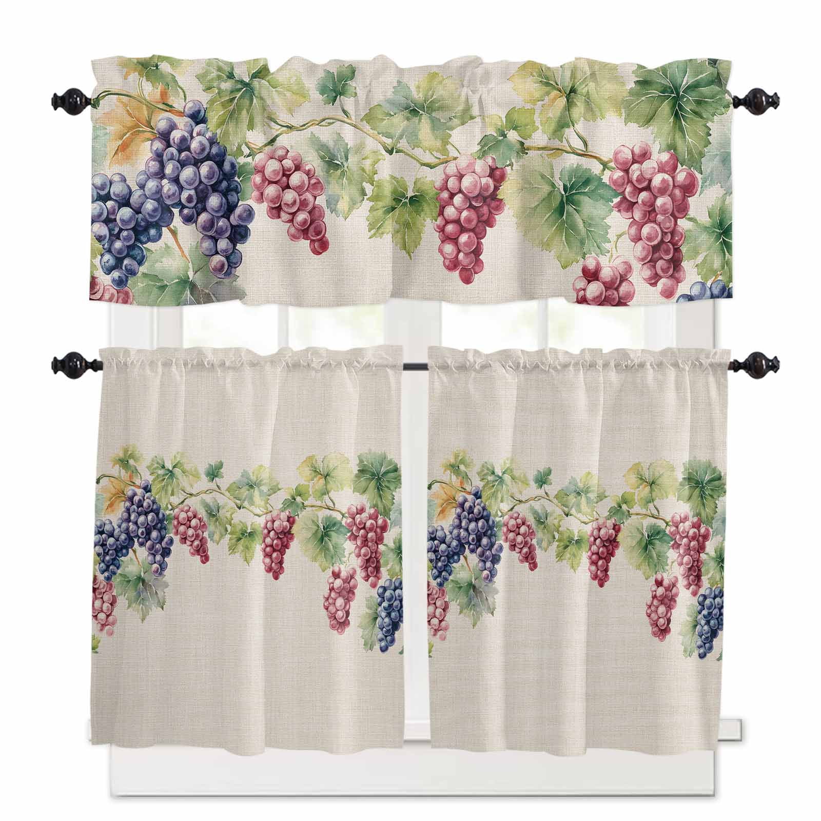 Purple Grape Kitchen Curtains Valances and Tiers Set of 3 Spring Grape Vine Leaf Watercolor Linen Texture Tier Curtains and Valance for Kitchen Bathroom Small Windows 27.5"W x 36"L (Pack of 3)