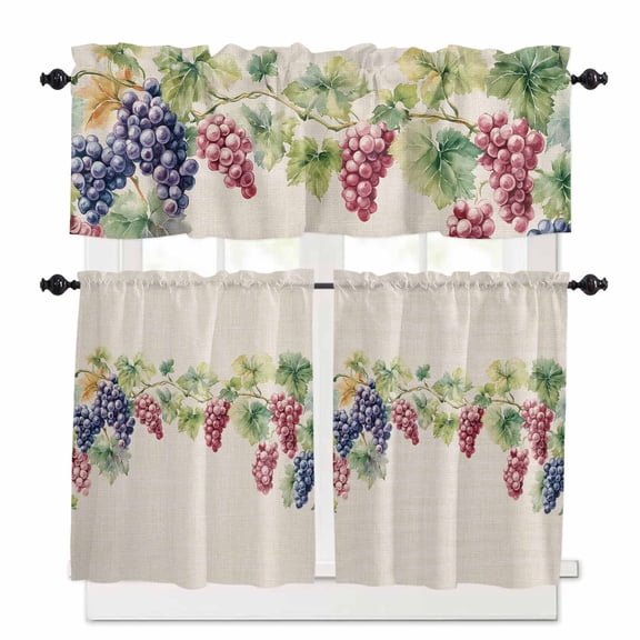 Purple Grape Kitchen Curtains Valances and Tiers Set of 3 Spring Grape Vine Leaf Watercolor Linen Texture Tier Curtains and Valance for Kitchen Bathroom Small Windows 27.5"W x 24"L (Pack of 3)