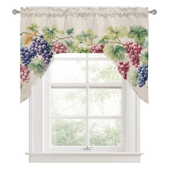 Purple Grape Swag Curtain Valance for Windows, Spring Grape Vine Leaf Watercolor Linen Texture Swag Curtains Drapes Rod Pocket for Kitchen Bathroom Small Window, 1 Panel 56x36in
