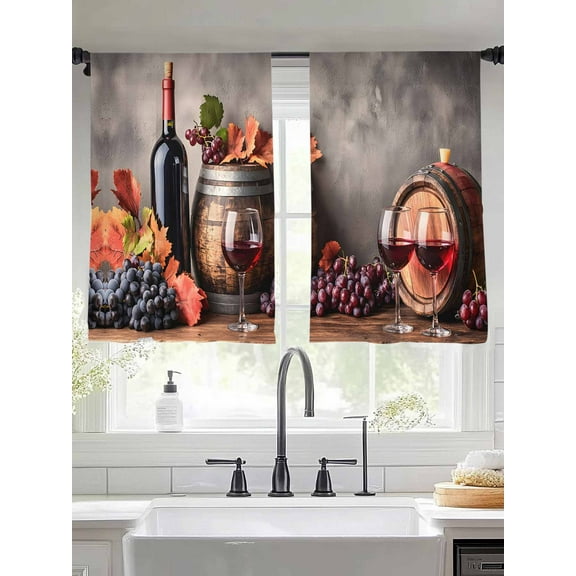 Purple Grapes Farmhouse Sheer Curtains for Living Room Bedroom Vintage Cask Maple Leaf Sheer Curtains 54 Inch Long 2 Panels Set Light Filtering Curtain Window Treatments Drapes for Dining Room