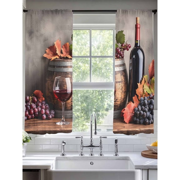 Purple Grapes Farmhouse Sheer Curtains for Living Room Bedroom Vintage Cask Maple Leaf Sheer Curtains 72 Inch Long 2 Panels Set Light Filtering Curtain Window Treatments Drapes for Dining Room