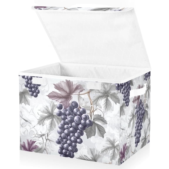 Purple Grapes Leaves Storage Basket for Shelves Foldable Container Organizer for Organizing Toys Clothes Books with Handles