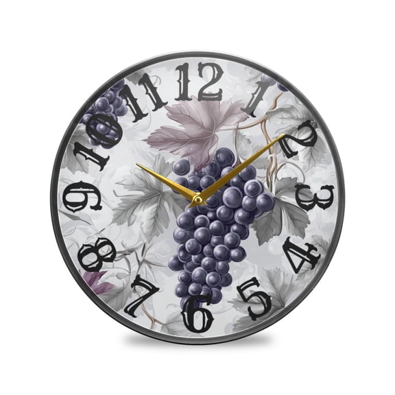 Purple Grapes Leaves Wall Clock 10 Inch Silent Non Ticking Battery Operated Easy to Read for Kitchen Living Room