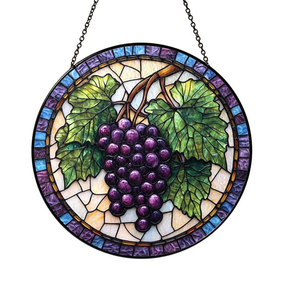 Purple Grapevine Window Hanging, Stained Glass Style Vineyard Suncatcher Panel