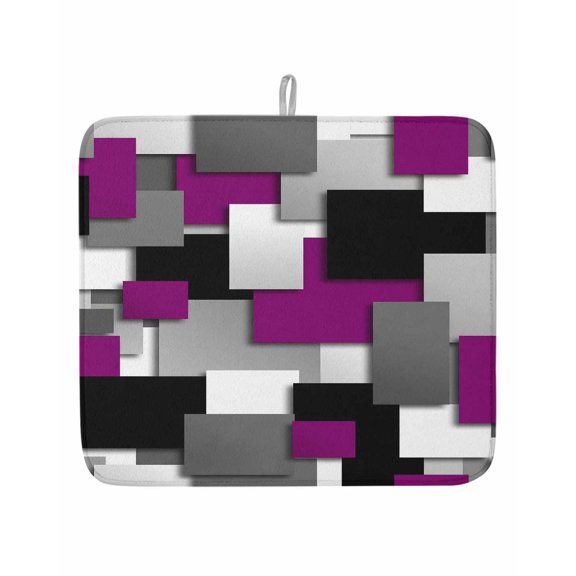 Purple Gray Black Grid Lattice Dish Drying Mats for Kitchen Counter,Absorbent Microfiber Dish Drainer Rack Mat Geometric Square Texture Drying Pad for Sinks,Utensils,Countertops,16x18in