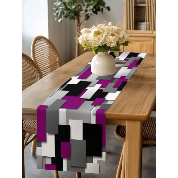 Purple Gray Black Grid Lattice Table Runner 70 Inches Long,Kitchen Dining Tablerunners Geometric Square Texture Linen Table Runners Dresser Scarves for Home Dinner Wedding Holiday Party Decor