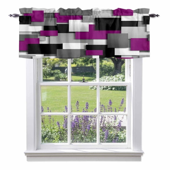 Purple Gray Black Grid Lattice Valances for Windows,Kitchen Valance Rod Pocket Short Curtain, Geometric Square Texture Valance Curtain Window Valances for Bedroom Bathroom Living Room 42x12in