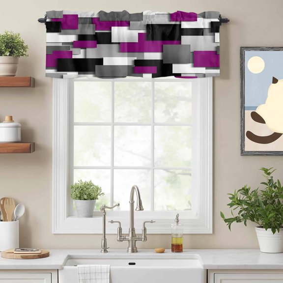 Purple Gray Black Grid Lattice Valances for Windows,Kitchen Valance Rod Pocket Short Curtain, Geometric Square Texture Valance Curtain Window Valances for Bedroom Bathroom Living Room 54x18in