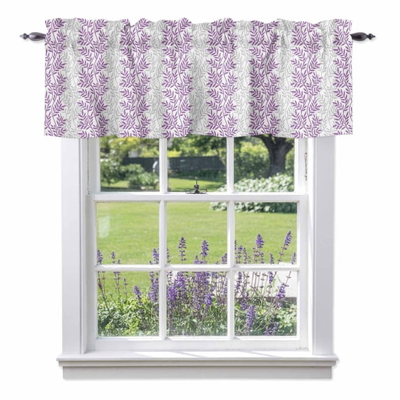 Purple Gray Botanical Kitchen Curtain Valances for Windows Farmhouse Short Curtains, Pastoral Spring Summer Leaf Aesthetics Rod Pocket Valance Curtain for Bedroom Cafe Living Room