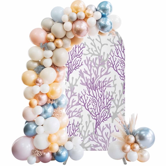 Purple Gray Coral Coastal Arch Backdrop Cover 4x1.65 Ft, Spandex Wedding Arch Stand Cover, Summer Beach Seaside Nautical Round Top Stretch Fitted Background Covers for Birthday Ceremony Party Decor