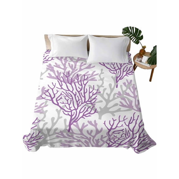 Purple Gray Coral Coastal Flat Sheets Only King Size, Soft Breathable Bed Top Sheets for Mattress, Summer Beach Seaside Nautical Luxury Bedding Flat Sheets for Home Hotel Bedroom Bed Protection