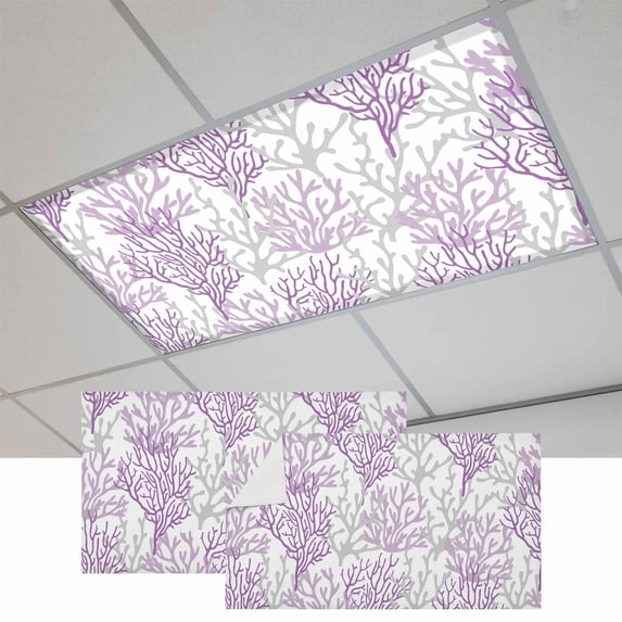 Purple Gray Coral Coastal Fluorescent Light Covers, Summer Beach Seaside Nautical Magnetic Light Covers for Ceiling Lights, Fluorescent Ceiling Shade Filters for Classroom Bedroom Office 4x2Ft x 2PCS
