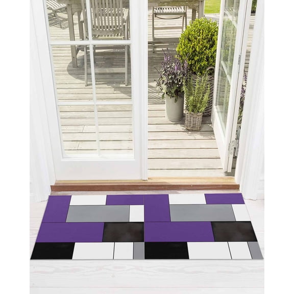 Purple Gray Front Door Mat Abstract Color Block Geometric Modern Welcome Doormat Indoor Outdoor Entrance Floor Mat Non-Slip Washable Runner Rug for Front Porch Decor 18x60 Inch