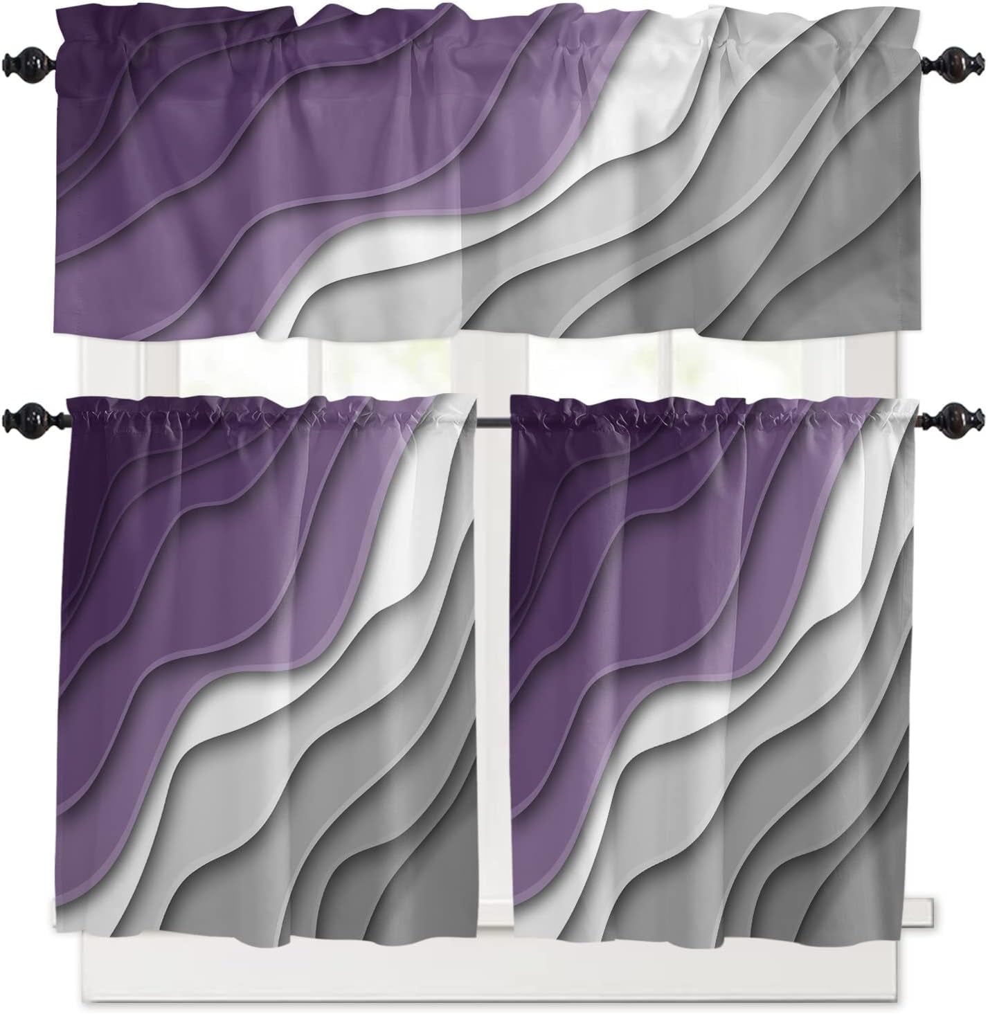 Purple and Gray Kitchen Curtain Valance and Tiers Set 3 Pc Window ...