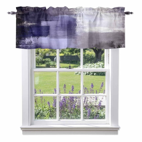 Purple Gray Kitchen Curtain Valances for Windows Farmhouse Short Curtains, Modern Oil Painted Art Abstract Geometric Rod Pocket Valance Curtain for Bedroom Cafe Living Room