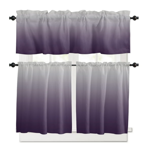 Purple Gray Kitchen Curtains Valance and Tier Set Gradient Rod Pocket Short Curtains for Small Window 3 Pieces Set for Bedroom Bathroom Cafe (54" x 18"+27" x 24")